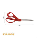 Fiskars® All-Purpose Left-Handed Scissors - Ergonomically Contoured - 8" Stainless Steel - Paper and Fabric Scissors for Office, Arts, and Crafts - Red